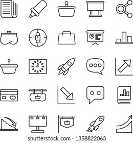 thin line vector icon set - growth chart vector, negative, shopping basket, pan, vintage sign, antique advertising signboard, billboard with illumination, connections, goal woman, rocket, space