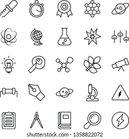 thin line vector icon set - flask vector, microscope, telescope, molecule, electricity, atom, zoom, bulb, settings, book, pipette, globe, clipboard, drawing compass, artifical insimination, medal