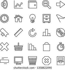 thin line vector icon set - house vector, incandescent lamp, monitor, wicker pot, stopwatch, mark of injury, clock face, right direction, add bookmark, yardstick, paper bag, grocery basket, purse