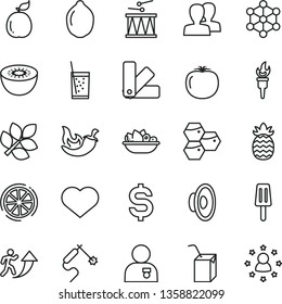 thin line vector icon set - heart symbol vector, women, loudspeaker, packing of juice with a straw, drumroll, color samples, plate fruit, chili, glass soda, popsicle, honeycombs, lime, kiwi, guava
