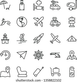 thin line vector icon set - Baby chair vector, motor vehicle present, map, planet Earth, history, rocket, paper plane, sand castle, helicopter, backpacker, rolling suitcase, case, tent, hospital bed