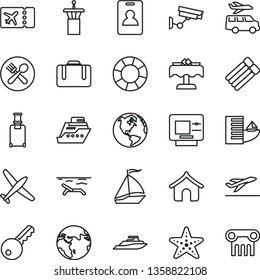 thin line vector icon set - earth vector, plane, sail boat, airport tower, identity card, suitcase, rolling, ticket, departure, atm, hotel, boungalow, beach, cafe, restaurant, starfish, transfer