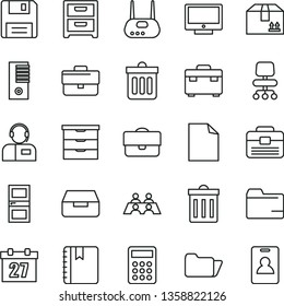 thin line vector icon set - daily calendar vector, briefcase, bin, clean sheet of paper, folder, storage unit, portfolio, suitcase, interroom door, dust, notebook, screen, nightstand, drawer, router