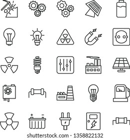 thin line vector icon set - matte light bulb vector, dangers, regulator, charge level, solar panel, coal mining, gas station, battery, electric plug, power socket, industrial building, thermal plant