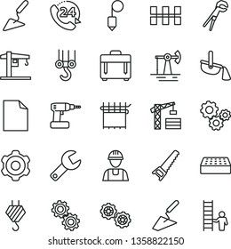 thin line vector icon set - repair key vector, clean sheet of paper, crane, tower, builder, hook, winch, gears, cogwheel, trowel, building, adjustable wrench, cordless drill, hand saw, ceramic tiles