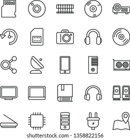thin line vector icon set - camera vector, e, CD, smartphone, plug, satellite antenna, SIM card, connections, notebook pc, radiator fan, tower, cpu, gpu, monitor, scanner, headphones, speaker, sd
