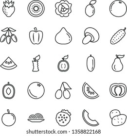thin line vector icon set - onion vector, porcini, cucumber, strawberries, orange, squash, strawberry, cornels, fig, slice of melon, water, goji berry, delicious plum, date fruit, tasty, half kiwi