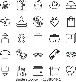 thin line vector icon set - paper bag vector, purse, spectacles, hat, with glasses, accessories for a hairstyle, comb, Knitted Socks, shoes little children, winter, warm, handles, T shirt, folded