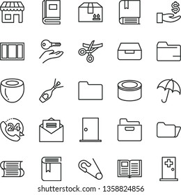 thin line vector icon set - folder vector, book, open pin, e, books, window frame, ntrance door, received letter, umbrella, drawer, cardboard box, 24, canned goods, half of coconut, kiosk, champagne