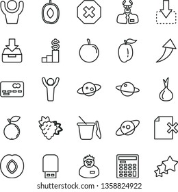 thin line vector icon set - mark of injury vector, children's sand set, put in a box, delete page, planet, move down, branch grape, plum, blueberry, delicious, ripe, tasty, onion, usb flash, saturn