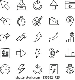 thin line vector icon set - lightning vector, upward direction, right, growth up, clockwise, counterclockwise, upload folder, dangers, timer, put in a box, move, left, chart, recession, wall watch