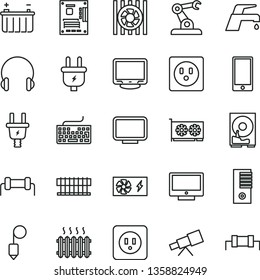 thin line vector icon set - keyboard vector, power socket type b, plummet, faucet mixer, headphones, screen, smartphone, battery, plug, electric, assembly robot, cast iron radiator, fan, pc supply