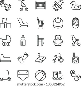 thin line vector icon set - baby cot vector, nipple, feeding bottle, diaper, bib, car child seat, stroller, summer, sitting, rubber duck, bath ball, roly poly doll, toy phone, potty chair, a for