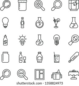 thin line vector icon set - zoom vector, out, measuring cup for feeding, mercury thermometer, window, bulb, a glass of soda, tea, bottle, jam, liquor, round flask, jar, magnifying, magnifier, wine