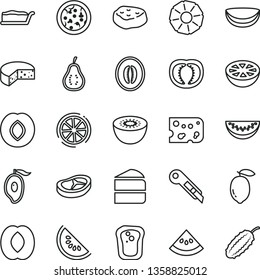 thin line vector icon set - stationery knife vector, piece of cheese, pizza, cake, slice, bacon, meat, sandwich, plum, water melon, half mango, peach, lemon, kiwi, coconut, pineapple, grapefruit