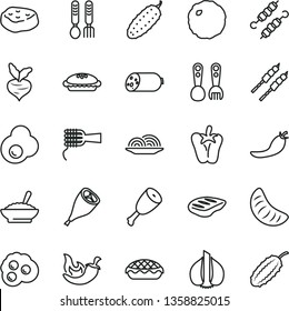 thin line vector icon set - plastic fork spoons vector, iron, sausage, onion, noodles, pie, apple, a bowl of buckwheat porridge, chicken thigh, grill leg, chop, barbecue, meat on skewers, cabbage