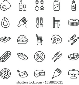 thin line vector icon set - a chair for feeding vector, child, plastic fork spoons, iron, stick of sausage, cheese, pizza, Hot Dog, burger, spaghetti, chicken, grill leg, bacon, chop, barbecue, wine