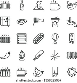 thin line vector icon set - mercury thermometer vector, heating coil, temperature, radiator, new, boiler, electronic, coffee, Hot Dog, noodles, chop, chili, cup of tea, coffe to go, a glass, outdoor