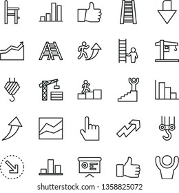 thin line vector icon set - downward direction vector, growth up, line chart, positive histogram, a chair for feeding, crane, tower, hook, winch, stepladder, ladder, index finger, thumb, bar, man