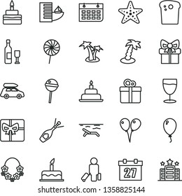 thin line vector icon set - daily calendar vector, colored air balloons, balloon, cake, birthday, gift, Easter, Chupa Chups, lollipop, glass, wall, giftbox, wine, champagne, car baggage, passenger