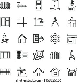 thin line vector icon set - box of bricks vector, house, dwelling, brick wall, window, frame, interroom door, city block, tile, ceramic tiles, fence, hedge, home, tower crane, Construction, 3d cube
