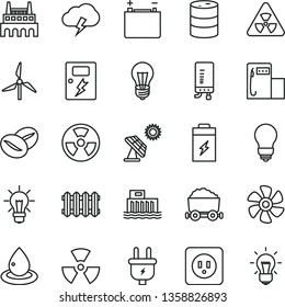 thin line vector icon set - bulb vector, power socket type b, dangers, new radiator, electronic boiler, storm cloud, coffee beans, marine propeller, charging battery, big solar panel, windmill, plug
