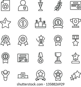 thin line vector icon set - star vector, pedestal, medal, patente, winner, laurel branch, prize, gold cup, reward, man with, pennant, first place, ribbon, hero, certificate, three stars