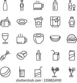 thin line vector icon set - measuring cup for feeding vector, bottle, bath ball, e, packing of juice with a straw, coffee, burger, plate milk, beans, tea, coffe to go, glass soda, cocktail, can