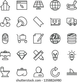 thin line vector icon set - bookmark vector, clockwise, roly poly doll, rocking horse, comfortable toilet, writing accessories, bulb, earth, notes, porcini, cherry, solar panel, planet, purse