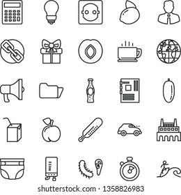 thin line vector icon set - spectacles vector, calculator, nappy, mercury thermometer, packing of juice with a straw, bulb, electronic boiler, employee, coffee, megaphone, bottle soda, peach, plum