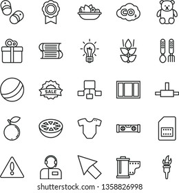 thin line vector icon set - warning vector, camera roll, t short, bath ball, iron fork spoons, small teddy bear, books, child shoes, window frame, building level, gift, operator, a plate of fruit