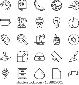 thin line vector icon set - matte light bulb vector, add bookmark, clean sheet of paper, zoom out, dollar, bedside table, toy mobile phone, children's potty, small yule, warm hat, hook, apple, grape