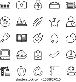 thin line vector icon set - camera vector, check mark, clockwise, upload archive data, bag of a paramedic, books, tower crane, construction helmet, building block, star, book, notebook, drop, eggs