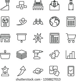 thin line vector icon set - sign of the planet vector, calculator, negative histogram, Puzzle, Puzzles, drill, pile, cart, industrial factory, stall, shopping basket, hierarchical scheme, engineer