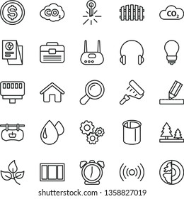 thin line vector icon set - house vector, window frame, paint roller, portfolio, bulb, drawing, fence, alarm clock, headphones, leaves, forest, drop, CO2, carbon dyoxide, pipes, mercury thermometer