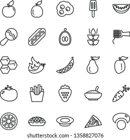 thin line vector icon set - beanbag vector, piece of pizza, Hot Dog, noodles, apple pie, a bowl rice porridge, plate milk, tomato, French fries, popsicle, omelette, strawberry, mint, honeycombs