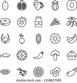 thin line vector icon set - piece of pizza vector, muffin, cake with a hole, plate, beet, Chinese chopsticks, popcorn, small fish, jar jam, strawberries, half pomegranate, branch grape, mulberry