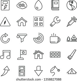 thin line vector icon set - house vector, repair key, downward direction, clockwise, brickwork, arm saw, interroom door, dangers, drop, size, cup of tea, planet Earth, carbon dyoxide, gas welding