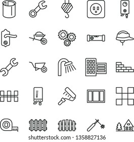 thin line vector icon set - brick wall vector, hook, garden trolley, building, window frame, measuring tape, paint roller, shower, power socket type b, door knob, construction level, city block