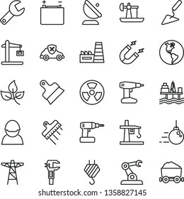 thin line vector icon set - repair key vector, hook, big core, building trowel, cordless drill, putty knife, spatula, commercial seaport, oil derrick, leaves, planet Earth, accumulator, power pole