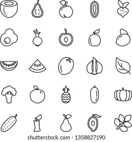thin line vector icon set - cucumber vector, beet, fried egg, a pineapple, pear, peach, half of mango, water melon slice, date fruit, cherry, sweet, yellow lemon, delicious apple, guava, coconut