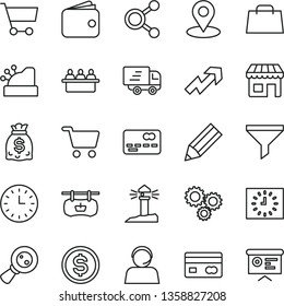 thin line vector icon set - growth up vector, kiosk, shopping cart, antique advertising signboard, coastal lighthouse, court hearing, geolocation, magnifying glass, filter, connections, three gears