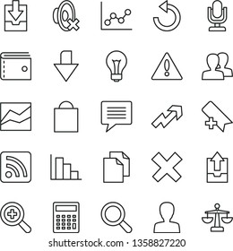thin line vector icon set - warning vector, image of thought, desktop microphone, matte light bulb, downward direction, add bookmark, paper bag, purse, clean, magnifier, zoom, woman, women, cross