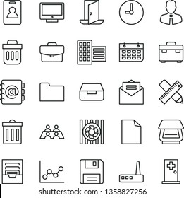 thin line vector icon set - bin vector, clean sheet of paper, graph, archive, suitcase, city block, writing accessories, employee, wall clock, received letter, screen, address book, drawer, calendar