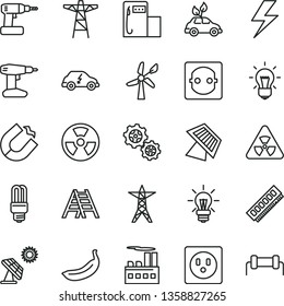 thin line vector icon set - lightning vector, cordless drill, ladder, banana, big solar panel, modern gas station, wind energy, power line, pole, socket, industrial building, gears, radiation hazard