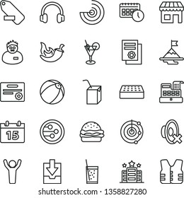 thin line vector icon set - silent mode vector, remove label, download archive data, baby bath ball, packing of juice with a straw, brick, calendar, burger, chili, glass soda, kiosk, agenda, network