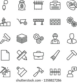 thin line vector icon set - clean sheet of paper vector, builder, brickwork, building trolley, hand saw, paint roller, portfolio, writing accessories, ceramic tiles, plummet, putty knife, road fence