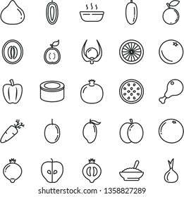 thin line vector icon set - canned goods vector, a bowl of buckwheat porridge, hot, chicken leg, carrot, orange, apple, pomegranate, tasty, fig, medlar, half, blueberry, mango, melon, date fruit
