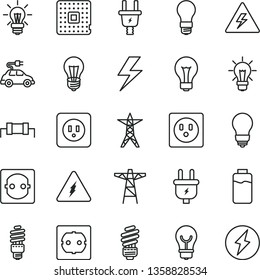 thin line vector icon set - lightning vector, danger of electricity, matte light bulb, saving, power socket type b, f, charge level, line, pole, plug, electric, energy, car, processor, resistor