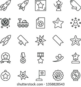 thin line vector icon set - add bookmark vector, remove label, star gear, rocket, lunar rover, bang, cup, reward, medal, flag, hero, ribbon, certificate, stars around man, flying, disco ball